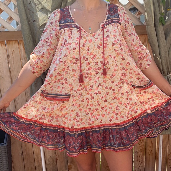 Free people dress short sleeves with pockets peach red paisley print - Picture 2 of 7